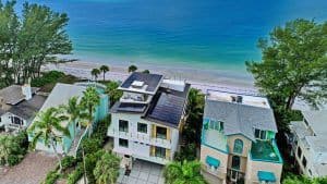 Drone view of a solar installation on a metal roof in Treasure Island, FL
