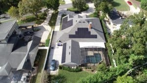Drone view of a solar installation on a shingle roof in Lakeland, FL