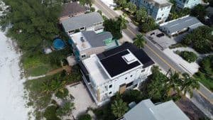 Aerial View of a solar installation on a metal roof in Treasure Island, FL