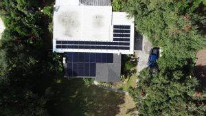 Drone view of a solar installation on a shingle roof in Clearwater,FL
